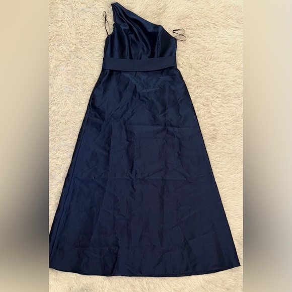 NEW ALFRED SUNG D815 DRAPED ONE-SHOULDER SATIN MAXI DRESS POCKETS NAVY sz 14 - Picture 2 of 6